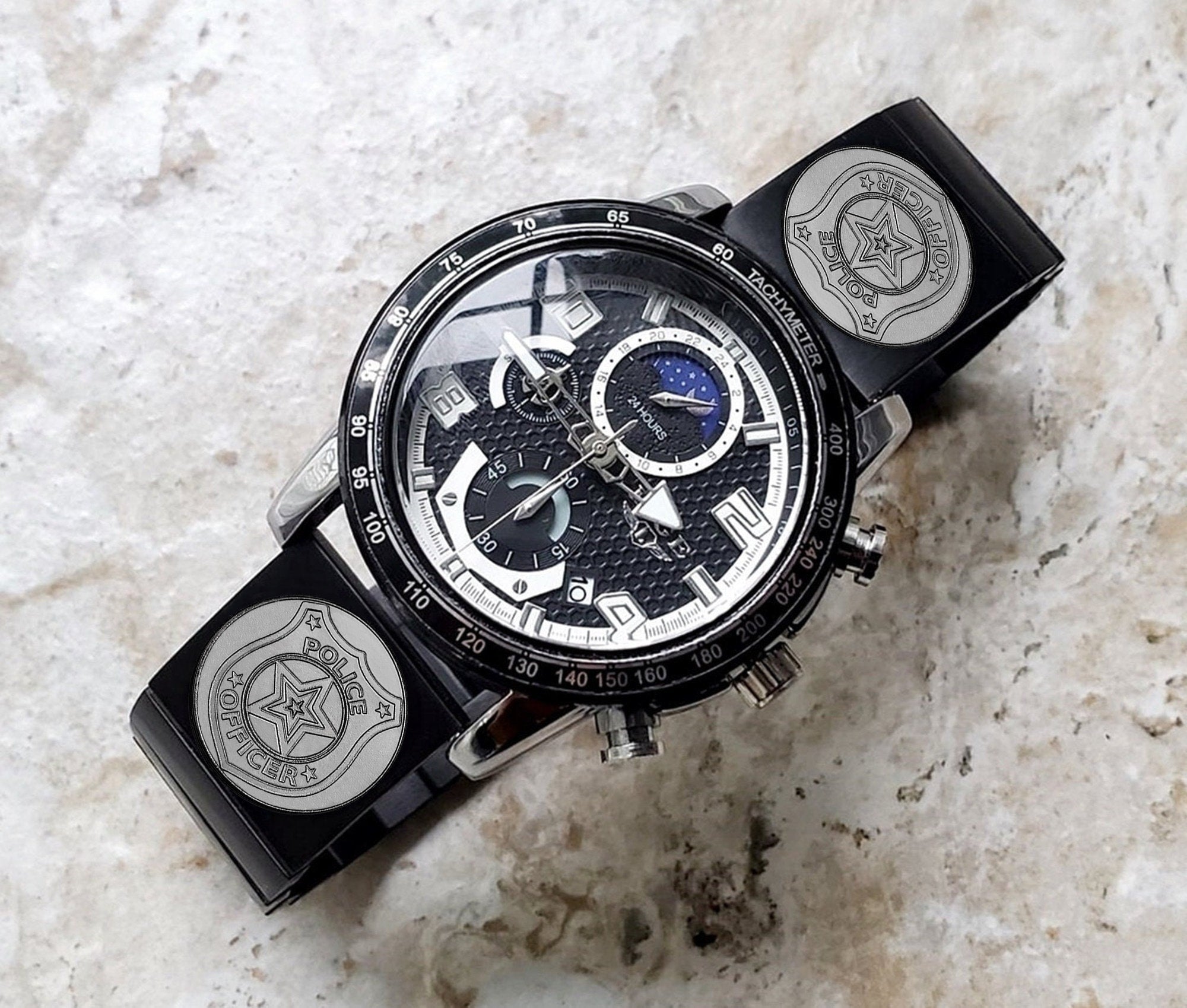 Police Badge Engraved Watch Band for 22mm Width Lugs Traditional Casual Luxury and Smartwatches Black Stainless Steel Strap Bracelet PB4